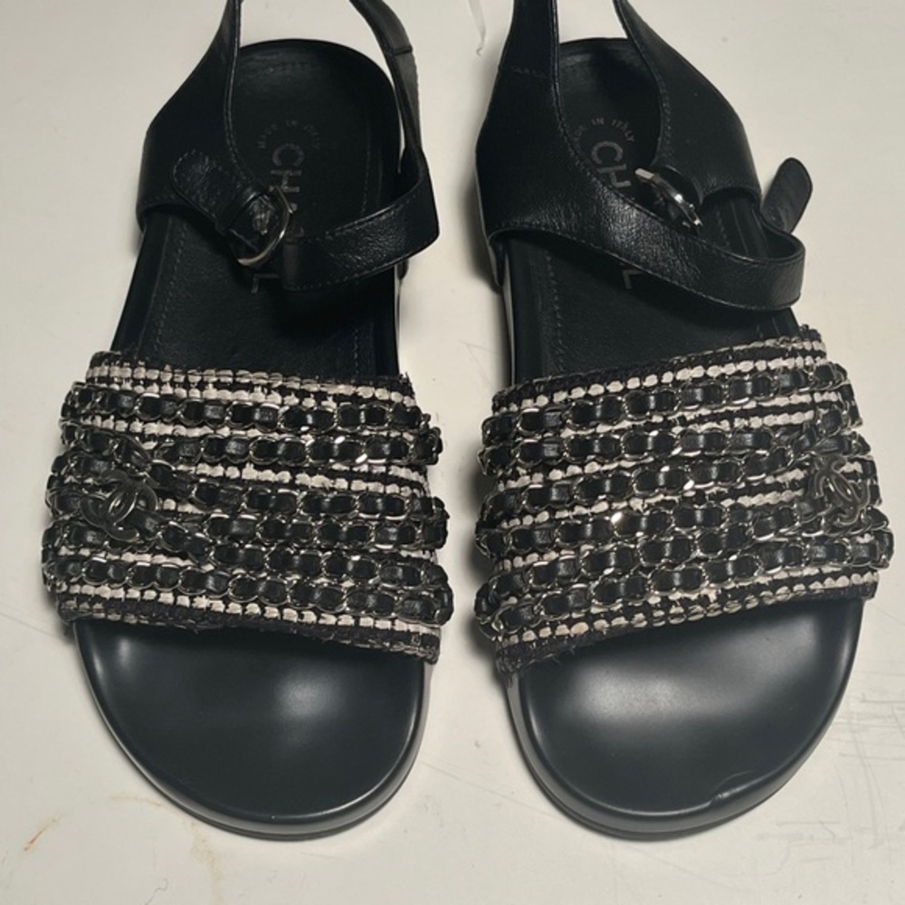 CHANEL Women's Black and White Embellished Sandals